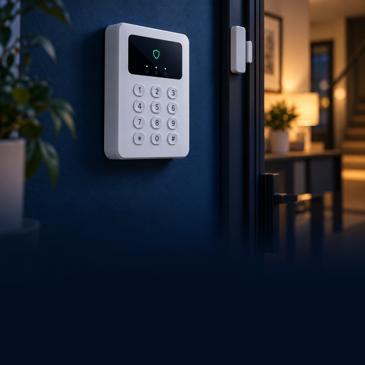 Teclado de alarma instalado junto a un sensor de apertura en una vivienda
